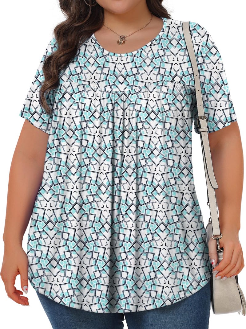 Tencede Womens Plus Size Tops Tunic Short Sleeve Crew Neck Shirts Casual Soft Blouse Love Grid 3X - Image 2