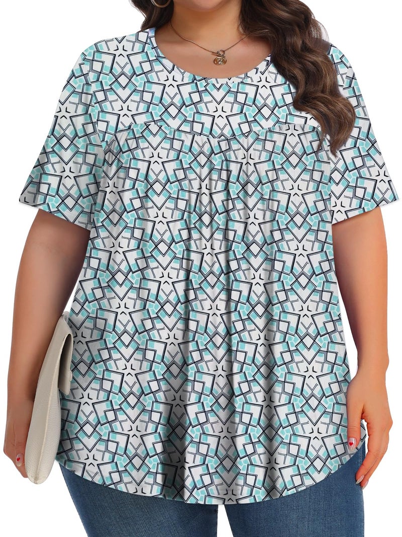 Tencede Womens Plus Size Tops Tunic Short Sleeve Crew Neck Shirts Casual Soft Blouse Love Grid 3X - Image 3