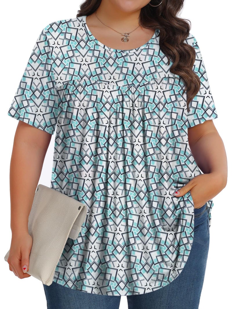 Tencede Womens Plus Size Tops Tunic Short Sleeve Crew Neck Shirts Casual Soft Blouse Love Grid 3X - Image 1