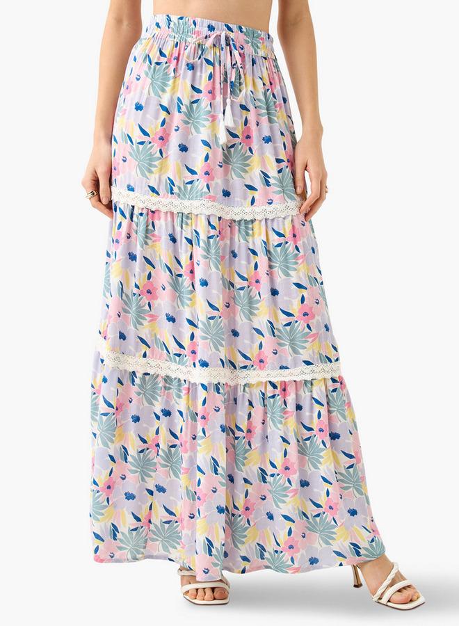Splash FAV Floral Print Tiered Maxi Skirt with Elasticated Waistband - Image 1