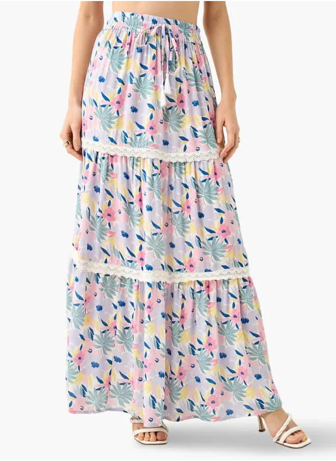 فاف Floral Print Tiered Maxi Skirt with Elasticated Waistband