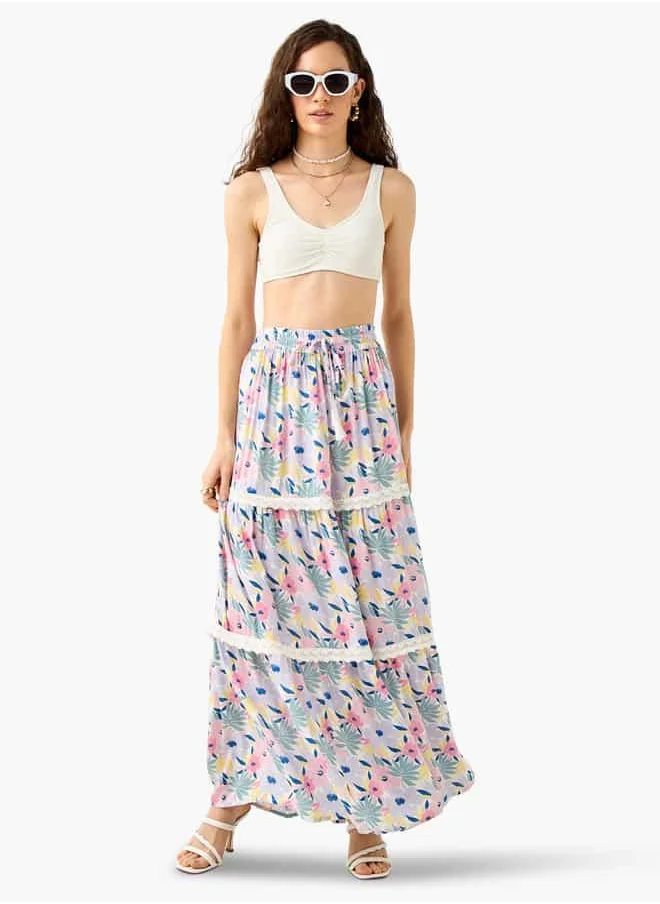 فاف Floral Print Tiered Maxi Skirt with Elasticated Waistband