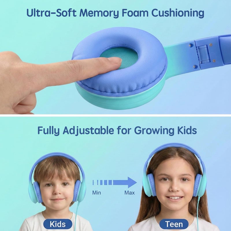 ADOOPE Wired Kids Headphones with USB C Plug, 85dB Safe Volume, Adjustable Headband, Tangle-Free Cord Headphones for School, Tablet, Travel (Sky Blue & Mint Green, Without Microphone) - Image 5