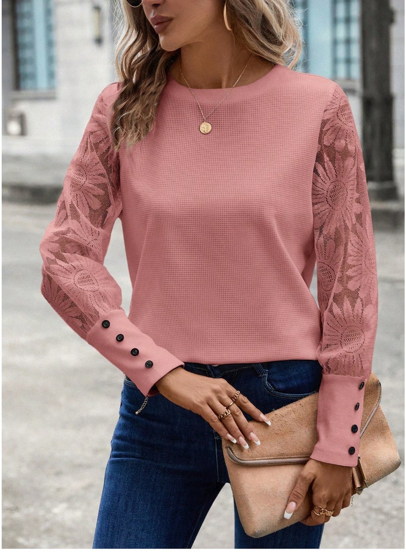 SHEIN Pink Lace Sleeves Patchwork Waffle Floral Print Women Blouse - Image 5