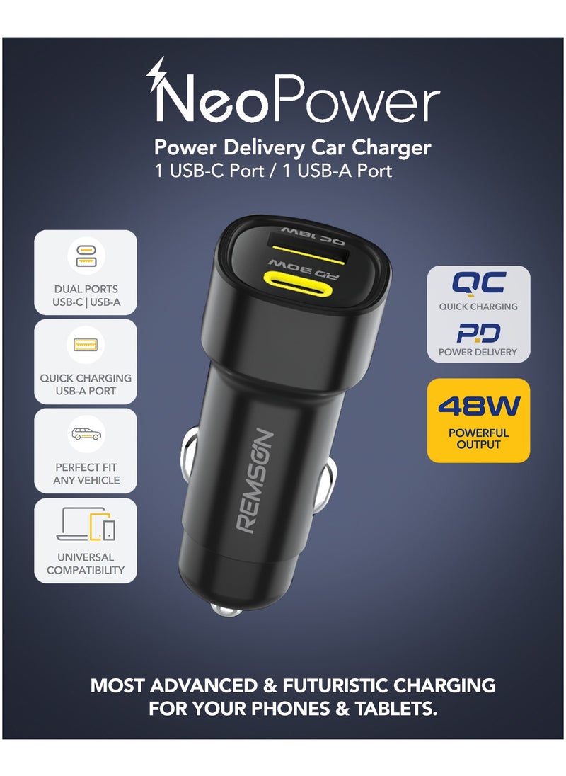 Remson - Remson Neo Power Car Charger PD 48W 1 USB-C Port/ 1 USB-A Port Fast Charging Compatible For iPhone 16 Pro/ Pro Max/16/15/14/13/12, Galaxy, S24/S23/S22/S21, iPad Pro 6/Air 5 - Image 1