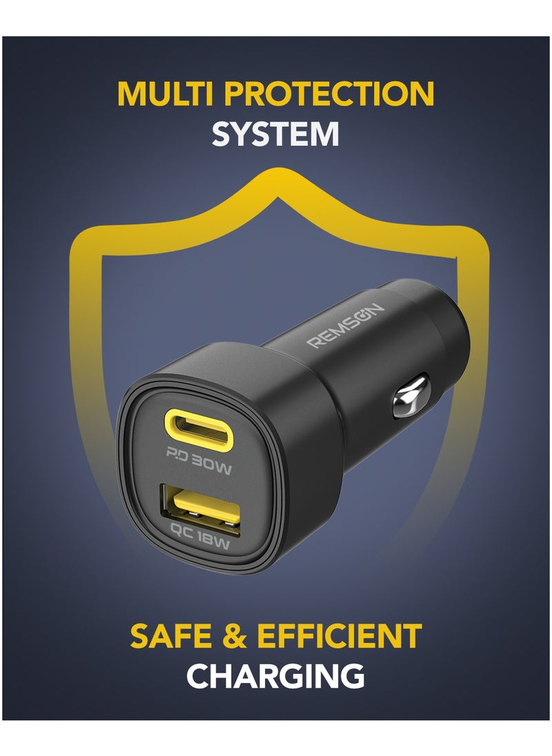 Remson - Remson Neo Power Car Charger PD 48W 1 USB-C Port/ 1 USB-A Port Fast Charging Compatible For iPhone 16 Pro/ Pro Max/16/15/14/13/12, Galaxy, S24/S23/S22/S21, iPad Pro 6/Air 5 - Image 1