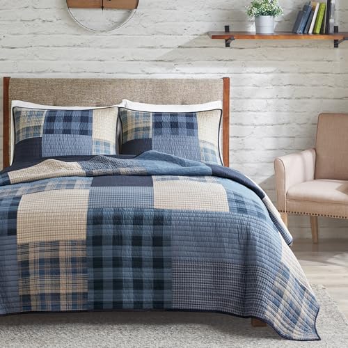 Woolrich John Rich & Bros. Woolrich Winter Hills Reversible Quilt Set - Cottage Styling Reversed to Solid Color, All Season Lightweight Coverlet, Cozy Bedding Layer, Matching Shams, Oversized Full/Queen, Plaid Blue 3 Piece - Image 1