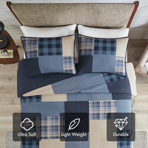 Woolrich John Rich & Bros. Woolrich Winter Hills Reversible Quilt Set - Cottage Styling Reversed to Solid Color, All Season Lightweight Coverlet, Cozy Bedding Layer, Matching Shams, Oversized Full/Queen, Plaid Blue 3 Piece - Image 3