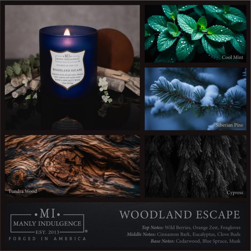 Manly Indulgence Woodland Escape Scented Jar Candle for Men, Wood Wick Candle, 15 oz - Cool Mint, Siberian Pine, Cypress & Tundra Wood - Up to 60 Hours Burn, Soy Blend Wax, USA Poured - Image 2