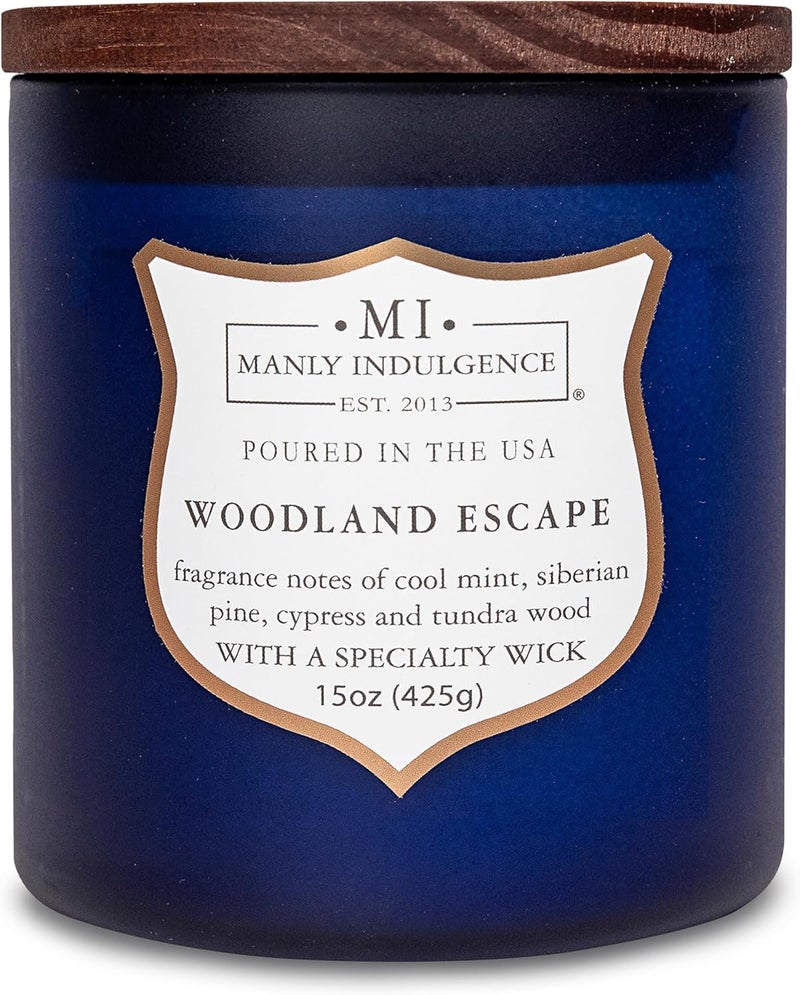 Manly Indulgence Woodland Escape Scented Jar Candle for Men, Wood Wick Candle, 15 oz - Cool Mint, Siberian Pine, Cypress & Tundra Wood - Up to 60 Hours Burn, Soy Blend Wax, USA Poured - Image 1