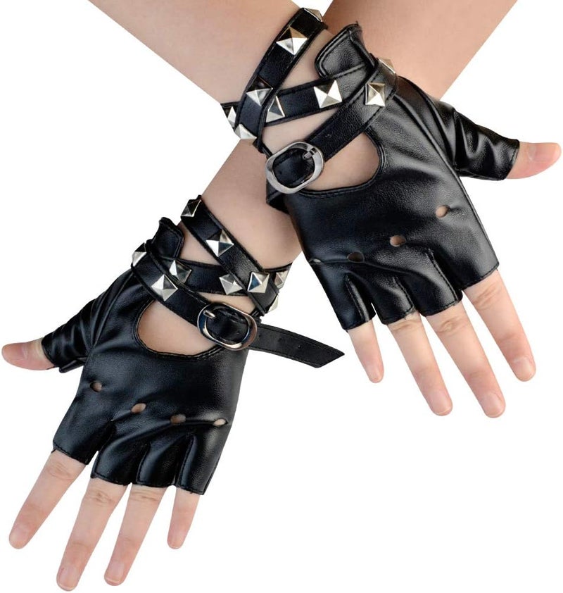 Nydotd Women Punk Rivets Half Finger PU Leather Performance Costume Fingerless Gloves - Image 1
