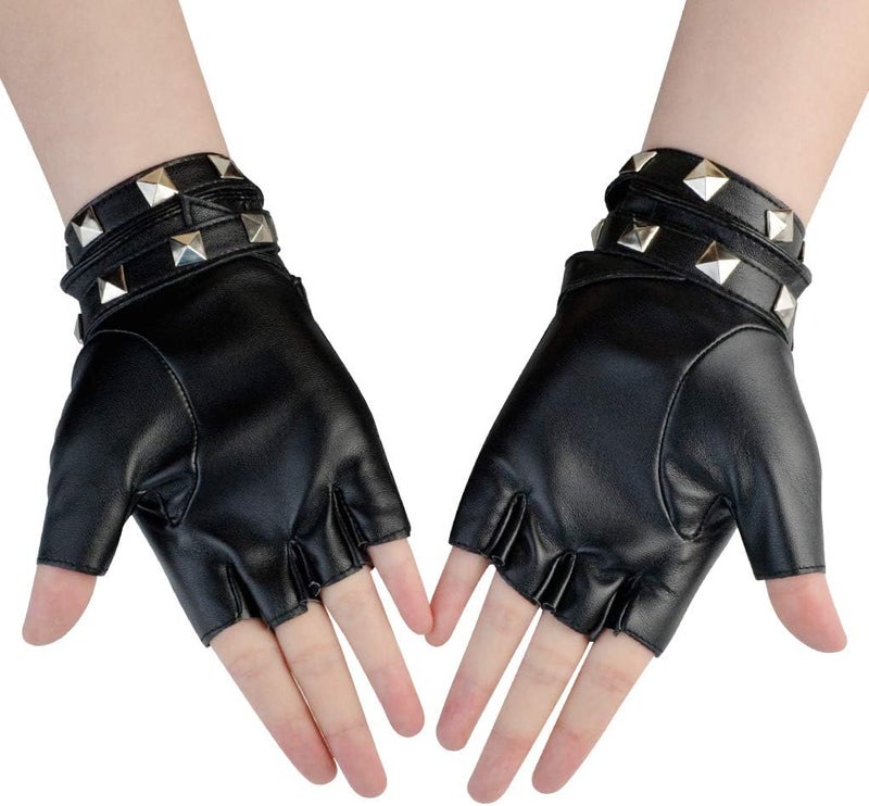 Nydotd Women Punk Rivets Half Finger PU Leather Performance Costume Fingerless Gloves - Image 4