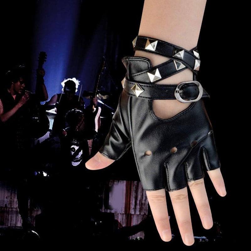 Nydotd Women Punk Rivets Half Finger PU Leather Performance Costume Fingerless Gloves - Image 5