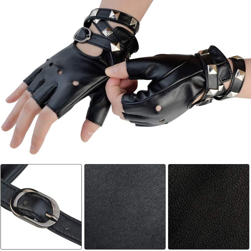 Nydotd Women Punk Rivets Half Finger PU Leather Performance Costume Fingerless Gloves - Image 3