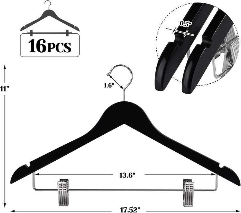 HOUISM HOUSM Wooden Suit & Skirt Hangers with Heavy-Duty Clips, Premium Solid Wood Pants Hangers, Smooth Finish - Black, 16Pack for Coats, Jeans, Blouses - Image 2