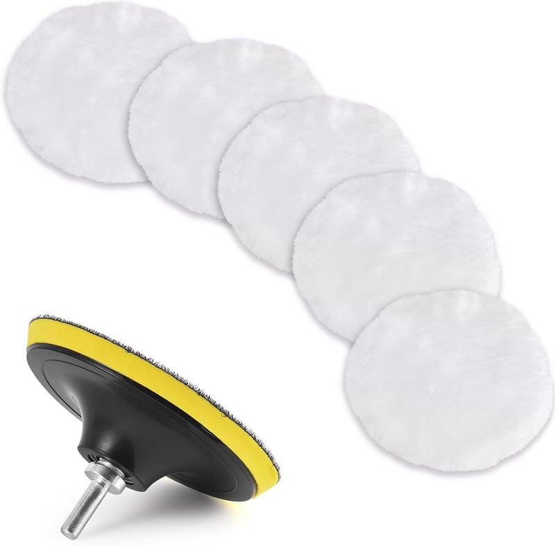 Massmot 7 Pcs 3 Inch Wool Buffing Pads, Soft Faux Wool, Replacement Car Polishing Pad for Scratches with M10 Drill Adapter, Oxidation, (5 x Polishing Pads, 1 x Backing Pad, 1 x M10) - Image 1