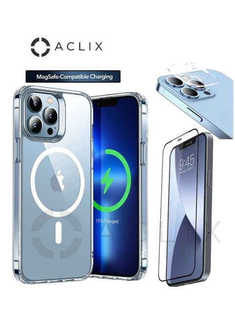 3-in 1 Shockproof Protective Magsafe compatible charging case cover For Apple iphone 13 PRO  with 3D Tempered Glass  Screen Protector Clear/black and camera lens