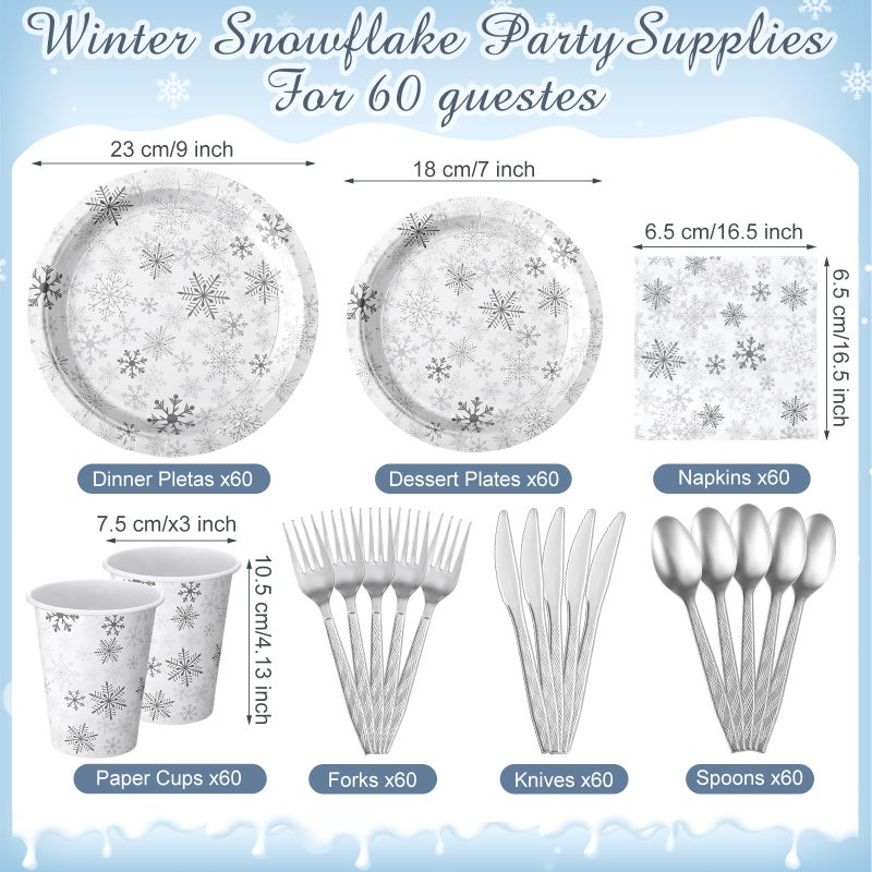 Potchen 420 Pcs Winter Snowflake Tableware Set Winter Wonderland Party Supplies Disposable Snowflake Paper Plates Napkin Cup Plastic Knife Fork Spoon Party Dinnerwares (Silver) - Image 1