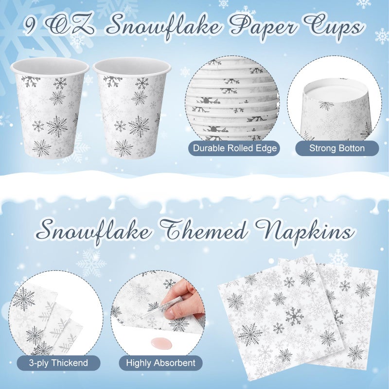 Potchen 420 Pcs Winter Snowflake Tableware Set Winter Wonderland Party Supplies Disposable Snowflake Paper Plates Napkin Cup Plastic Knife Fork Spoon Party Dinnerwares (Silver) - Image 3