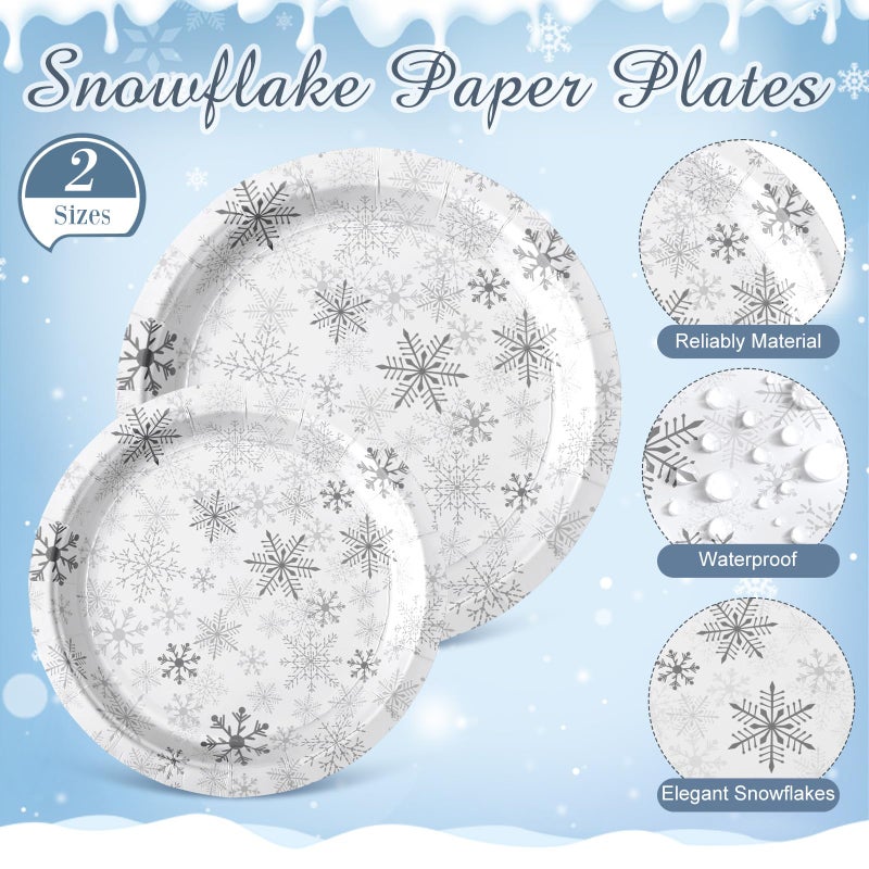 Potchen 420 Pcs Winter Snowflake Tableware Set Winter Wonderland Party Supplies Disposable Snowflake Paper Plates Napkin Cup Plastic Knife Fork Spoon Party Dinnerwares (Silver) - Image 2