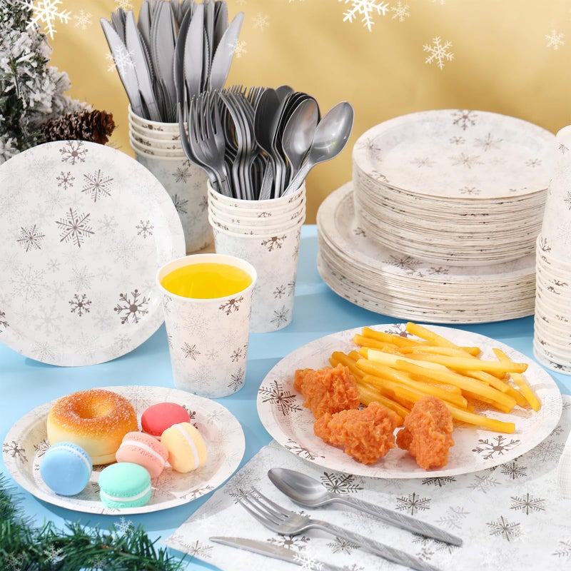 Potchen 420 Pcs Winter Snowflake Tableware Set Winter Wonderland Party Supplies Disposable Snowflake Paper Plates Napkin Cup Plastic Knife Fork Spoon Party Dinnerwares (Silver) - Image 4