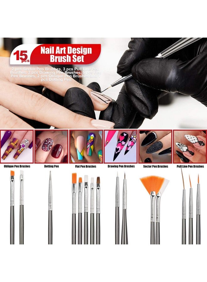 تينيتور مصمم قلم الأظافر، أداة ختم الأظافر مع 15 قطعة من فرش طلاء الأظافر، أداة تنقيط الأظافر، رقائق الأظافر، شريط مانيكير، أحجار الراين الملونة للأظافر باللون الأسود - Image 3