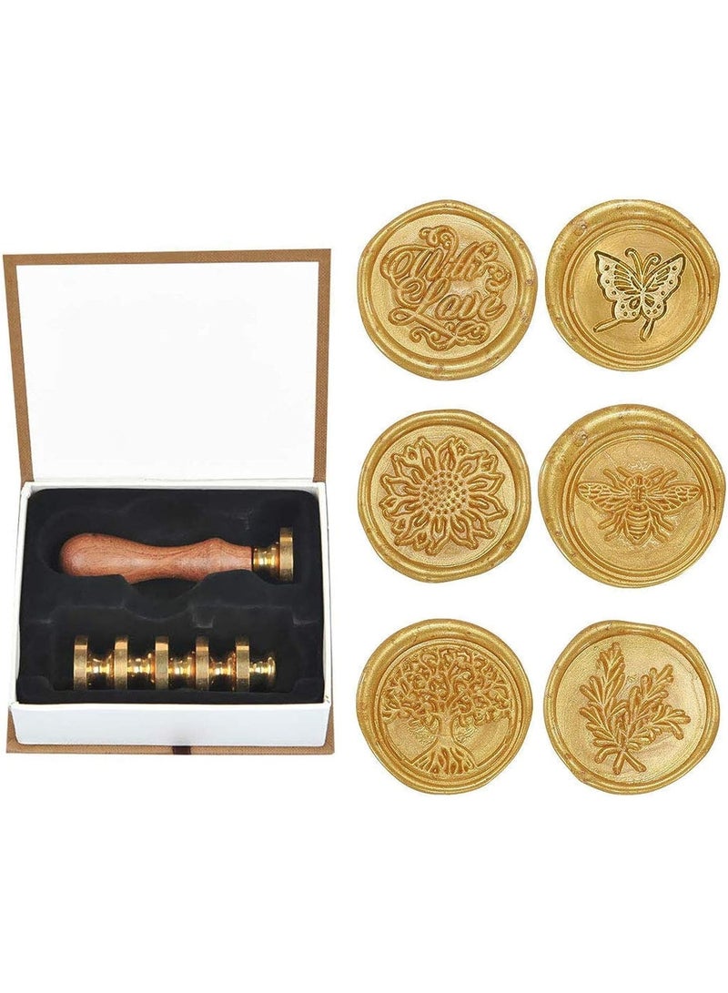 Wax Seal Stamp Set, 6 Pieces Romantic Rose Heart Flower Sealing Wax Stamps Gift Kit with Brass Head Wooden Handle - Image 1