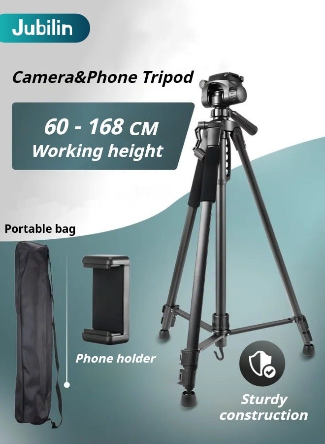 Jubilin 168cm Camera Tripod Phone Tripod Lightweight Portable Aluminum Travel Tripod for Phone/Android Tripod for Mobile for Selfies/Live/Video Recording - Black - Image 1