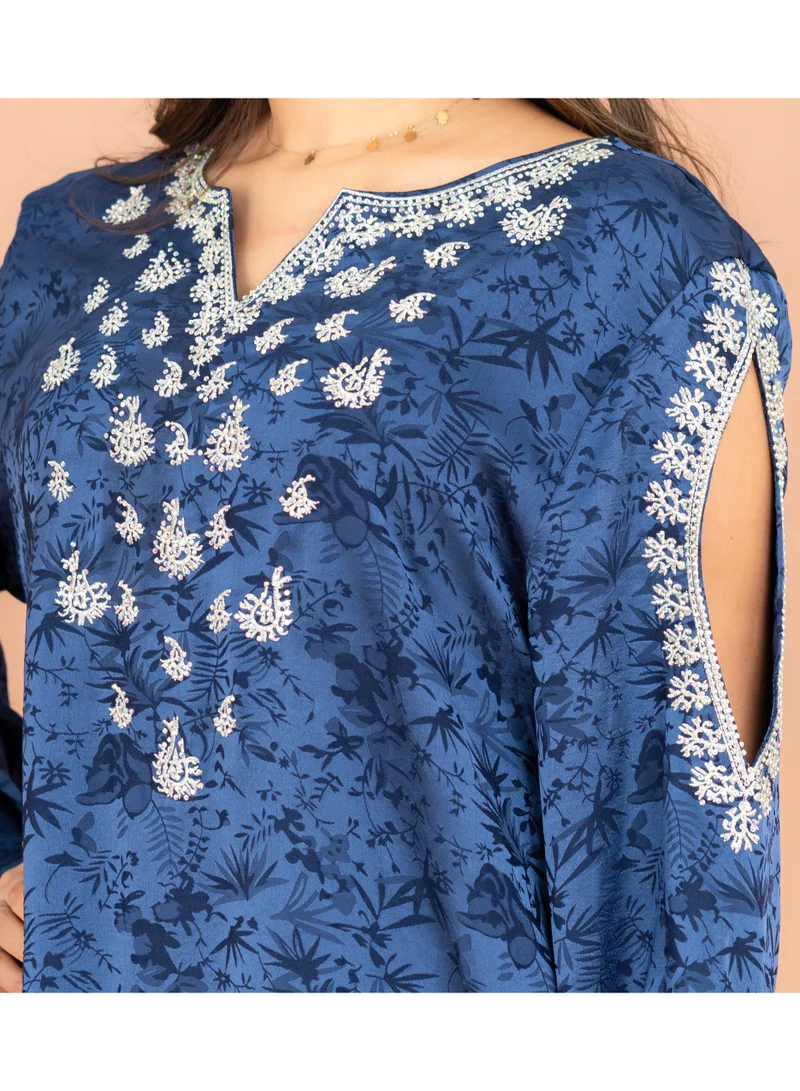 IKKXA Classic Printed Jalabiya Cold Shoulder Crystal Designs IK601 Blue