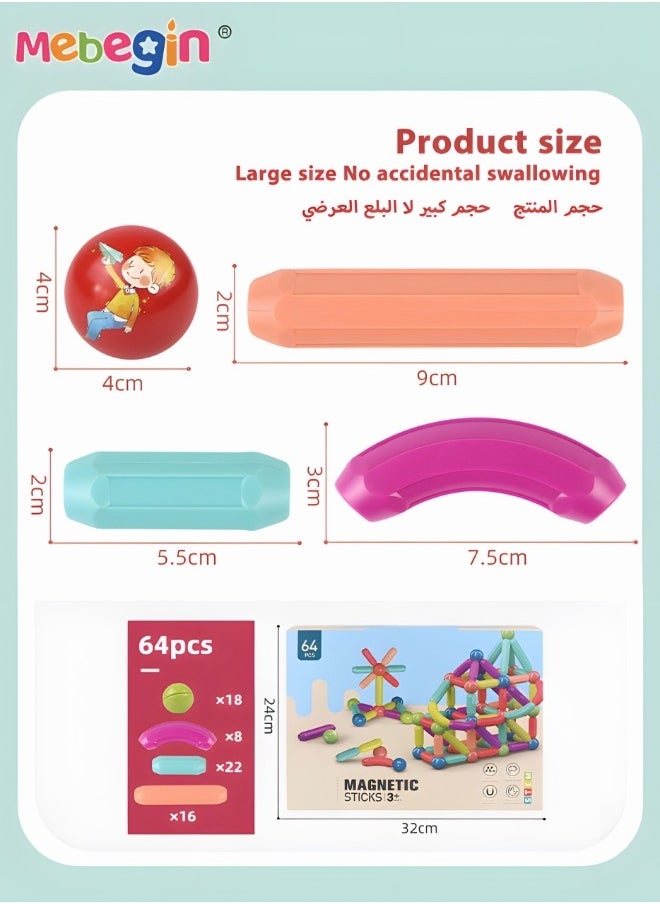 MEBEGIN 64 Piece Magnetic Ball and Rods Set, Magnetic Building Toys, Colorful DIY Building Blocks Sticks, Kids Building Sticks-3D Stacking Construction Toys, Creative Educational Construction Toy, Perfect Teamwork Toys  - Image 2