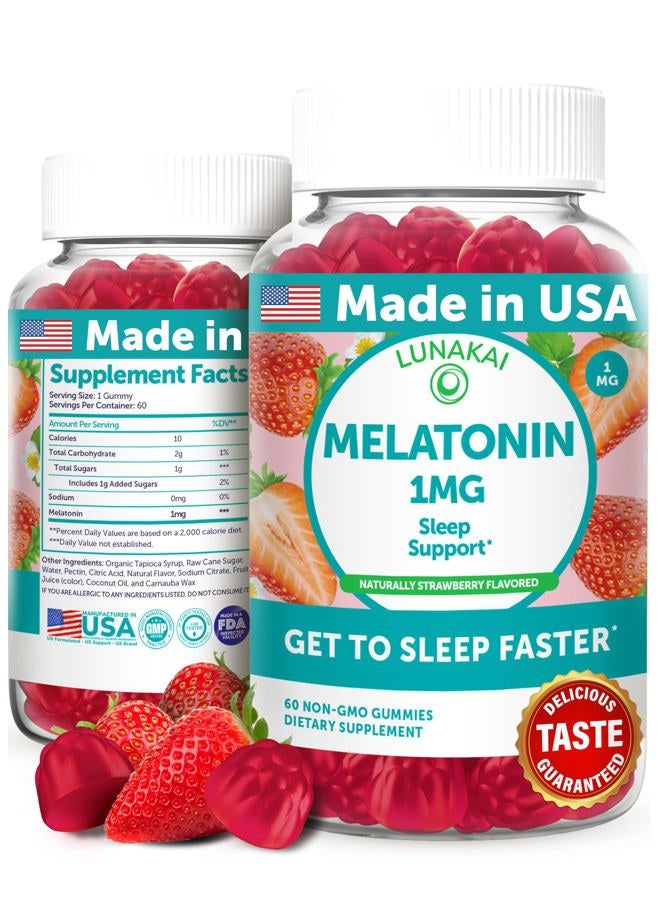 LUNAKAI حلوى الميلاتونين منخفضة الجرعة المصنوعة في الولايات المتحدة 1 ملغ - مساعدة لطيفة على النوم للبالغين والأطفال - غير معدلة وراثيًا، نباتية، خالية من الغلوتين - 60 حبة - Image 1