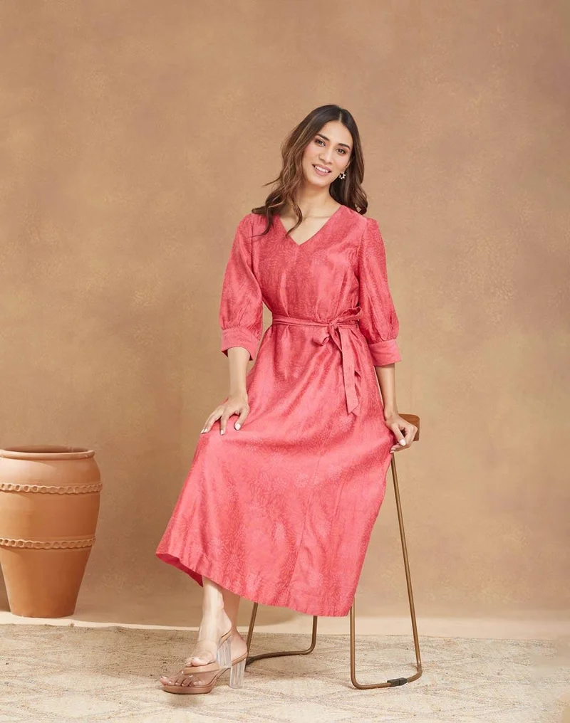 Fabindia Pink Cotton Silk Hand Block Printed Midi Dress