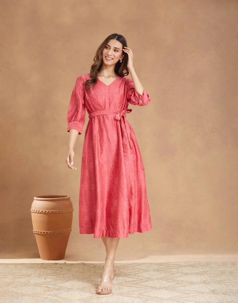Fabindia Pink Cotton Silk Hand Block Printed Midi Dress