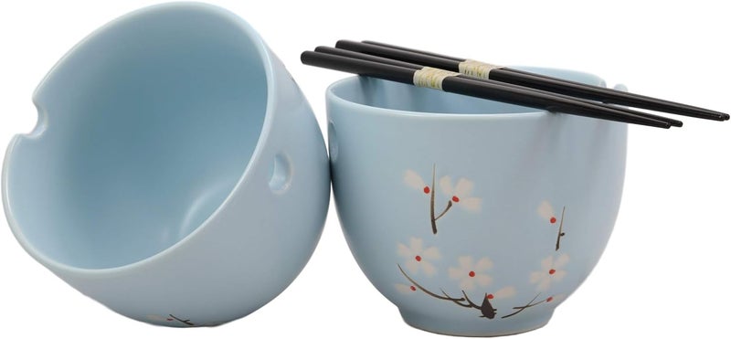 Ebros Gift Ebros Ceramic Japanese Sakura Cherry Blossoms Sky Blue Ramen Udong Noodles Bowls and Chopsticks Set of 2 for Asian Dining Soup Rice Pasta Salad Collection of Bowl Decor Home Kitchen - Image 1