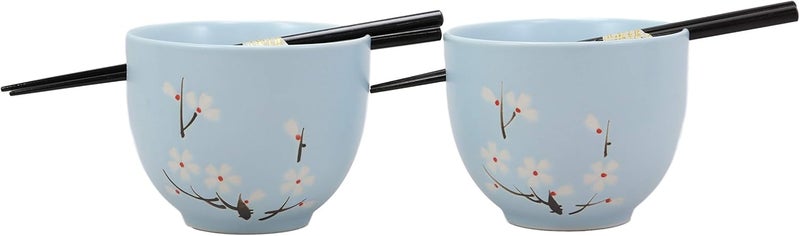 Ebros Gift Ebros Ceramic Japanese Sakura Cherry Blossoms Sky Blue Ramen Udong Noodles Bowls and Chopsticks Set of 2 for Asian Dining Soup Rice Pasta Salad Collection of Bowl Decor Home Kitchen - Image 3