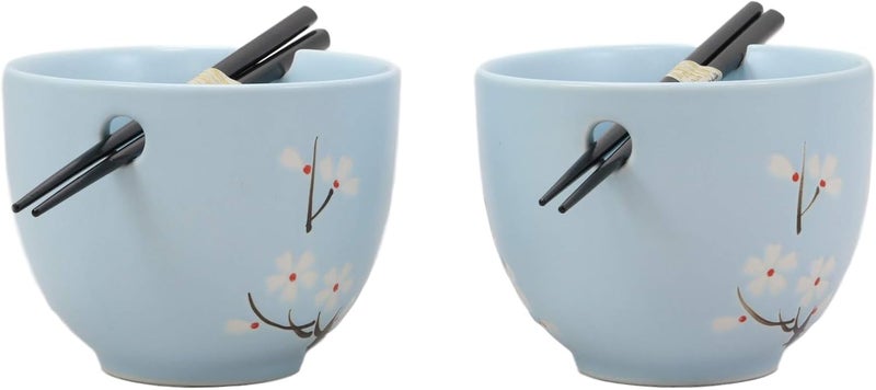Ebros Gift Ebros Ceramic Japanese Sakura Cherry Blossoms Sky Blue Ramen Udong Noodles Bowls and Chopsticks Set of 2 for Asian Dining Soup Rice Pasta Salad Collection of Bowl Decor Home Kitchen - Image 4