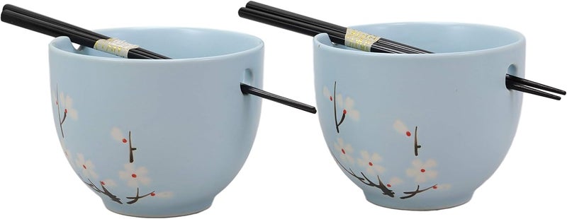 Ebros Gift Ebros Ceramic Japanese Sakura Cherry Blossoms Sky Blue Ramen Udong Noodles Bowls and Chopsticks Set of 2 for Asian Dining Soup Rice Pasta Salad Collection of Bowl Decor Home Kitchen - Image 2