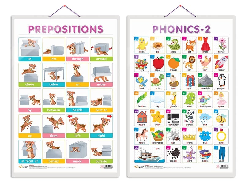 GoWoo Set of 2 PREPOSITIONS and PHONICS - 2 Early Learning Educational Charts for Kids | 20"X30" inch |Non-Tearable and Waterproof | Double Sided Laminated | Perfect for Homeschooling, Kindergarten and Nursery Students - Image 1