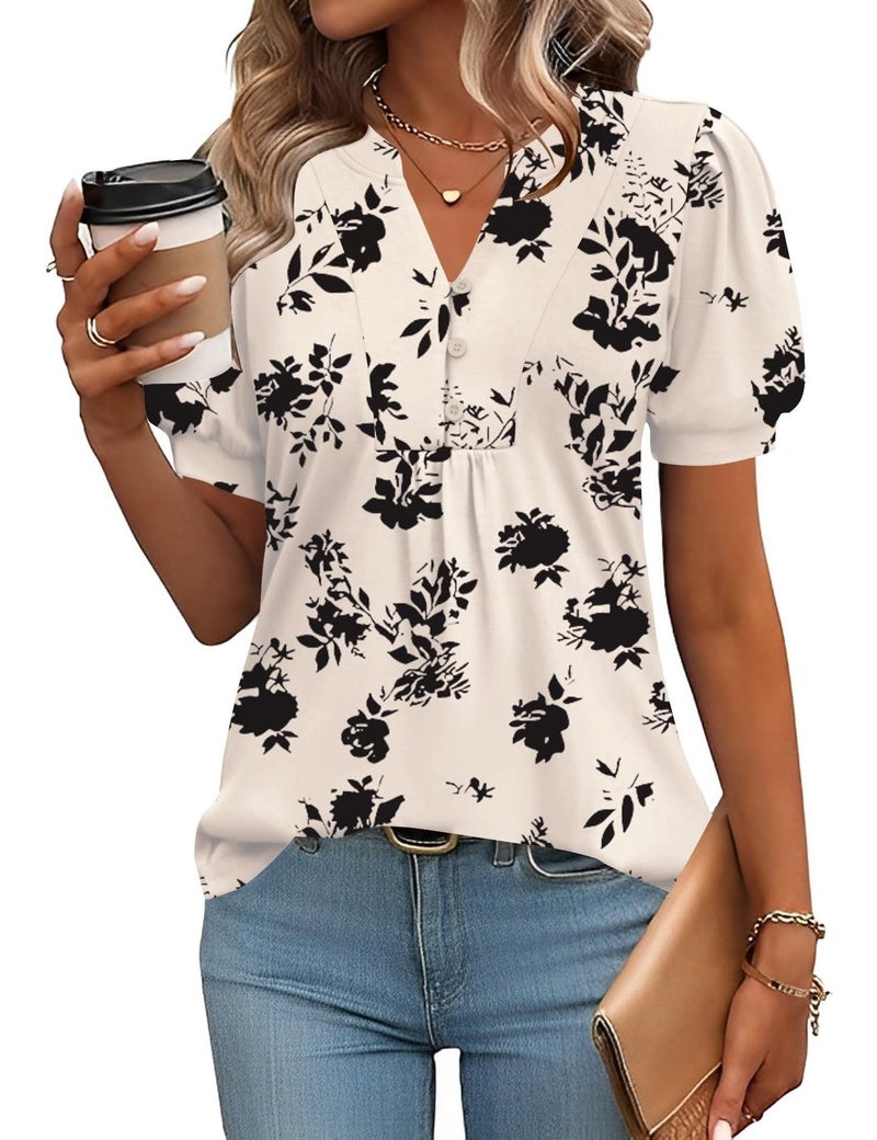 IECCP Womens Tops Dressy Casual Blouses Business Casual 2025 Summer Short Sleeve Shirts Cute V Neck Puff Pleated Tunic Top (Apricot Black Floral,XL) - Image 1