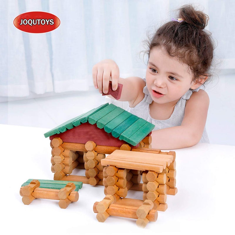 Joqutoys 90 Pcs Wood Building Blocks Toy for Toddlers, Classic Wooden Cabin Log Set Preschool Education Toy, Creative Construction Engineering Educational Toys for 3 4 5 6 Years Boys - Image 2