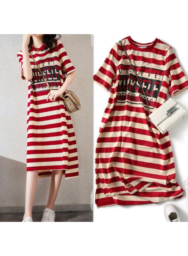 Summer Loose Slimming Striped Printed T-shirt Women's Dress Women's Students' Korean-style Plus Size New Mid-length Short Sleeve