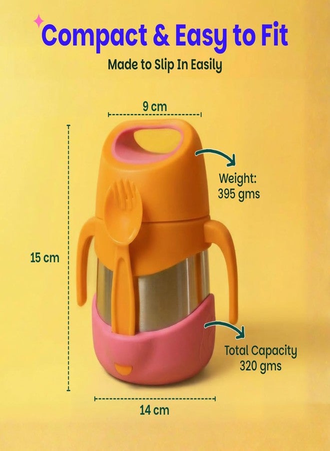 Basil ThermoTot Kids Insulated Food Jar 320ml | 304 Stainless Steel | BPA-Free | Double Wall Vacuum Lunch Box with Handle & Spork | Hot Cold Storage for School Travel Picnics - Peach - Image 4