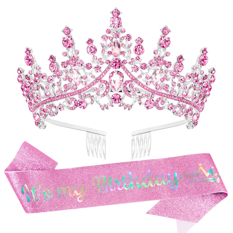 VELSCRUN Pink Crystal Birthday Tiara Crowns for Women Girls It's My Birthday Sash Queen Girls Princess Crown with Combs Happy Birth Party Decorations Mom Sisters Birth Gift Hair Accessories - Image 1