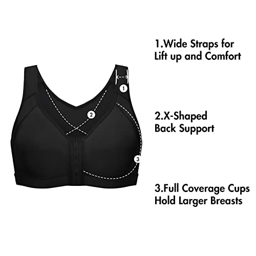 DELIMIRA Women's Full Coverage Front Closure Wire Free Back Support Posture Bra Black 36C - Image 3