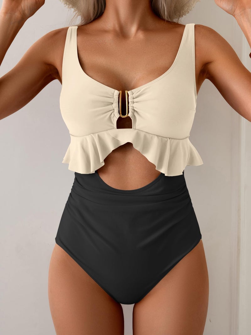 B2prity Womens One Piece Swimsuit Tummy Control Ruffled Bathing Suit V Neck Cutout Swim Suit Tie Back Swimwear Cream, Black - Image 2