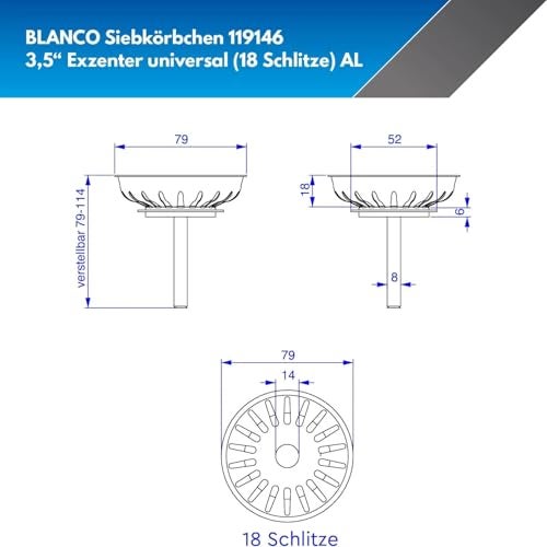 Blanco, 119146 8cm Sink Strainer with Easy Use Pivot 18 Drain Holes Genuine Replacement Stainless Steel - Image 5