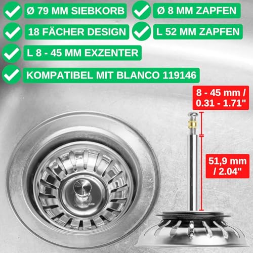 Blanco, 119146 8cm Sink Strainer with Easy Use Pivot 18 Drain Holes Genuine Replacement Stainless Steel - Image 4