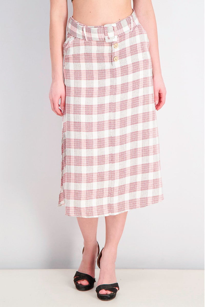 MANGO Women Checked Midi Skirt, Red and White and Black - Image 1