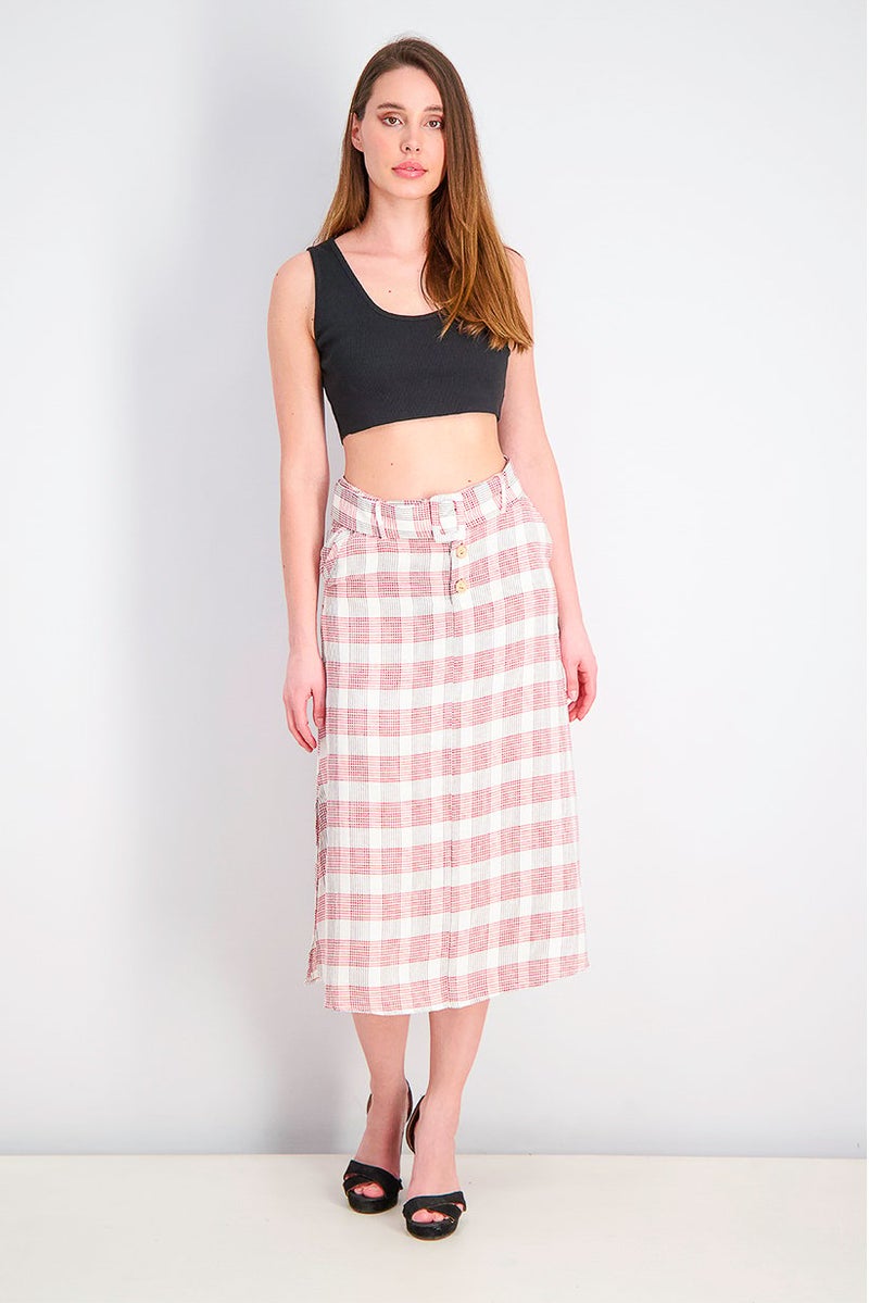 MANGO Women Checked Midi Skirt, Red and White and Black - Image 2
