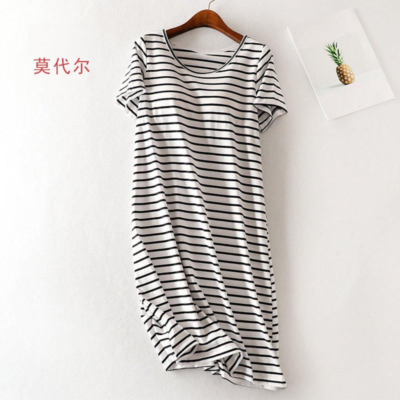 Striped Nightdress with Built-in Bra Pads Black and White (modal)